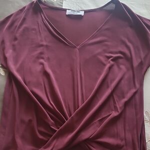 Burgundy V-Neck Twist Blouse